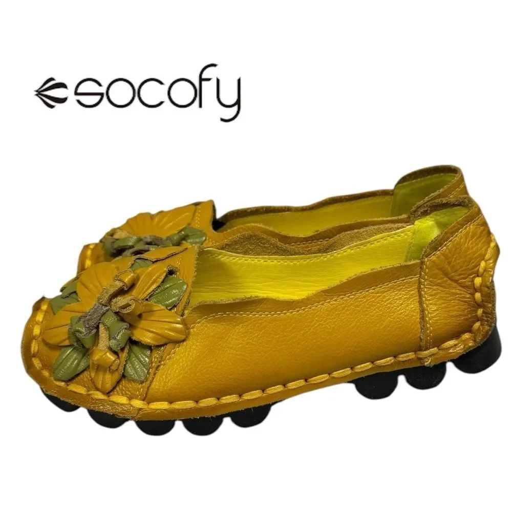 Socofy Women's Yellow Green Leather Floral Slip-on Flats 250